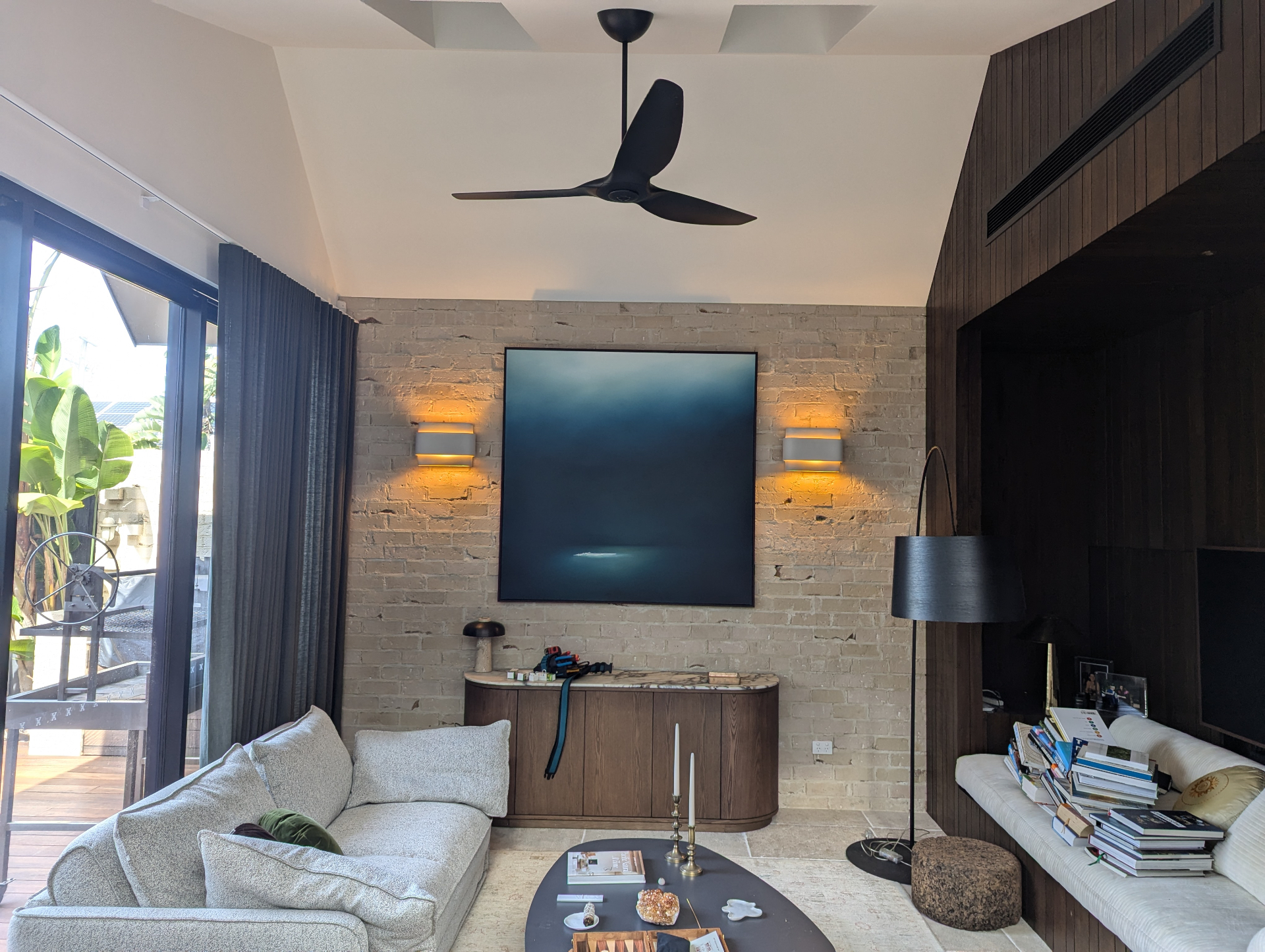 Living room wall sconces and ceiling fan install